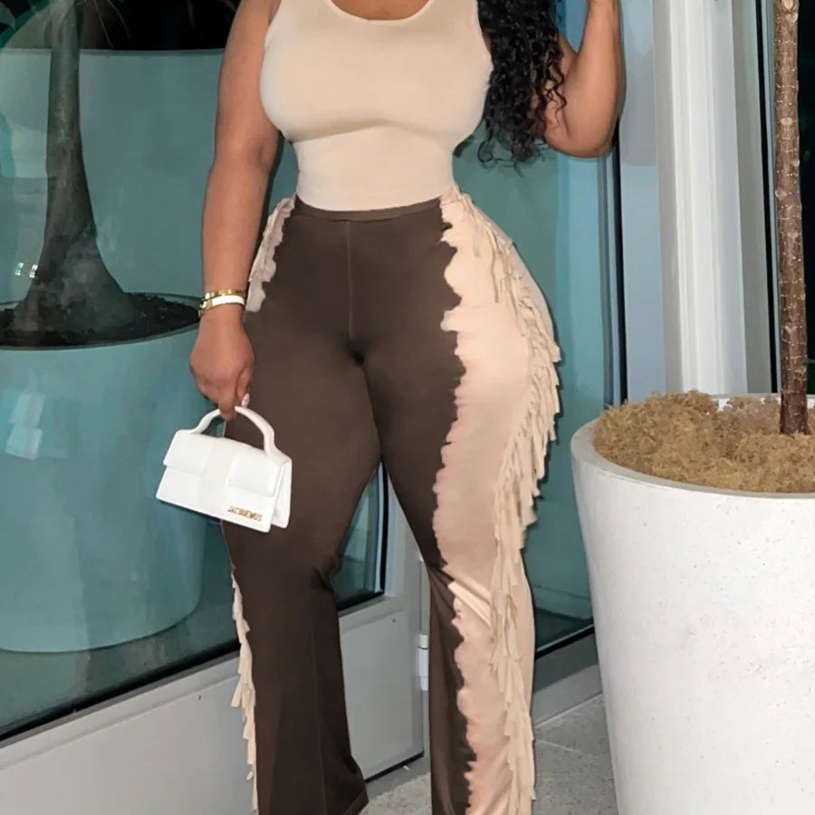 LW Plus Size casual Two pieces sets summer sleeveless U neck Cami Tank + Tie Dye Tassel Design Pants Set women Matching Set