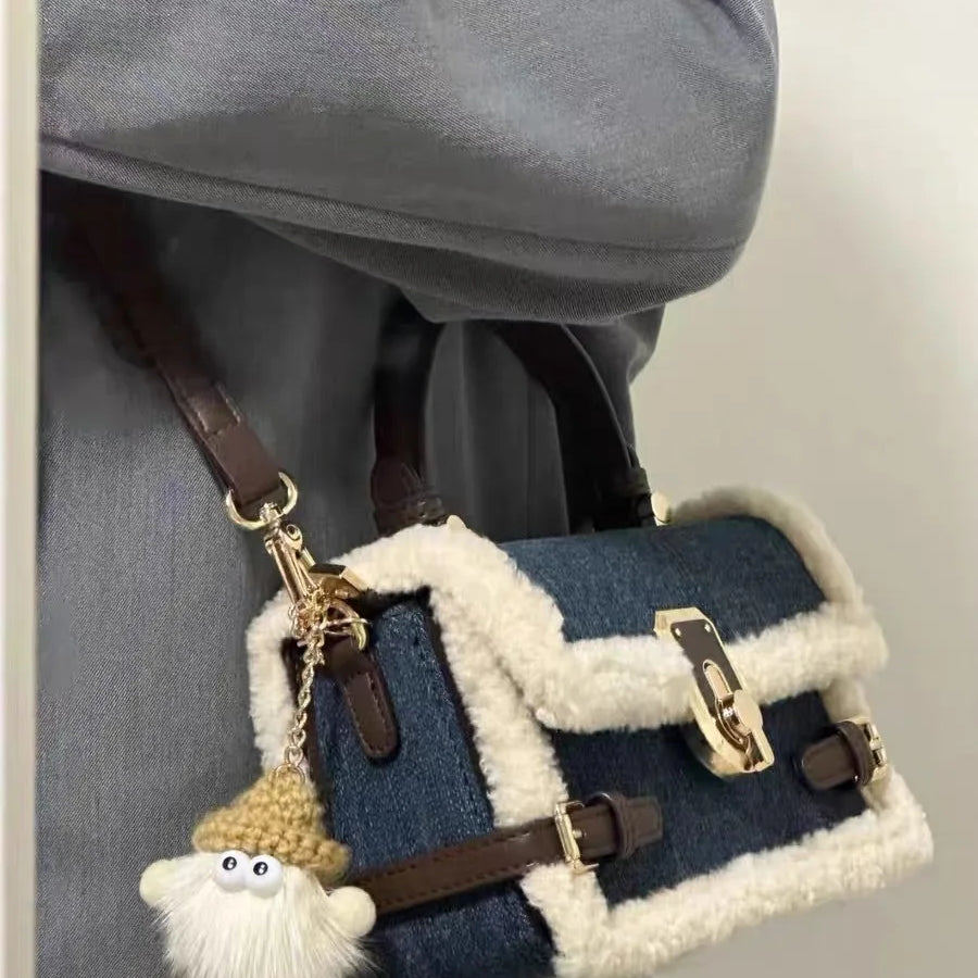 Luxury Women Brand Cashmere and Denim Patchwork Crossbody Bag Retro Flap Messenger Bag Blue with pendant