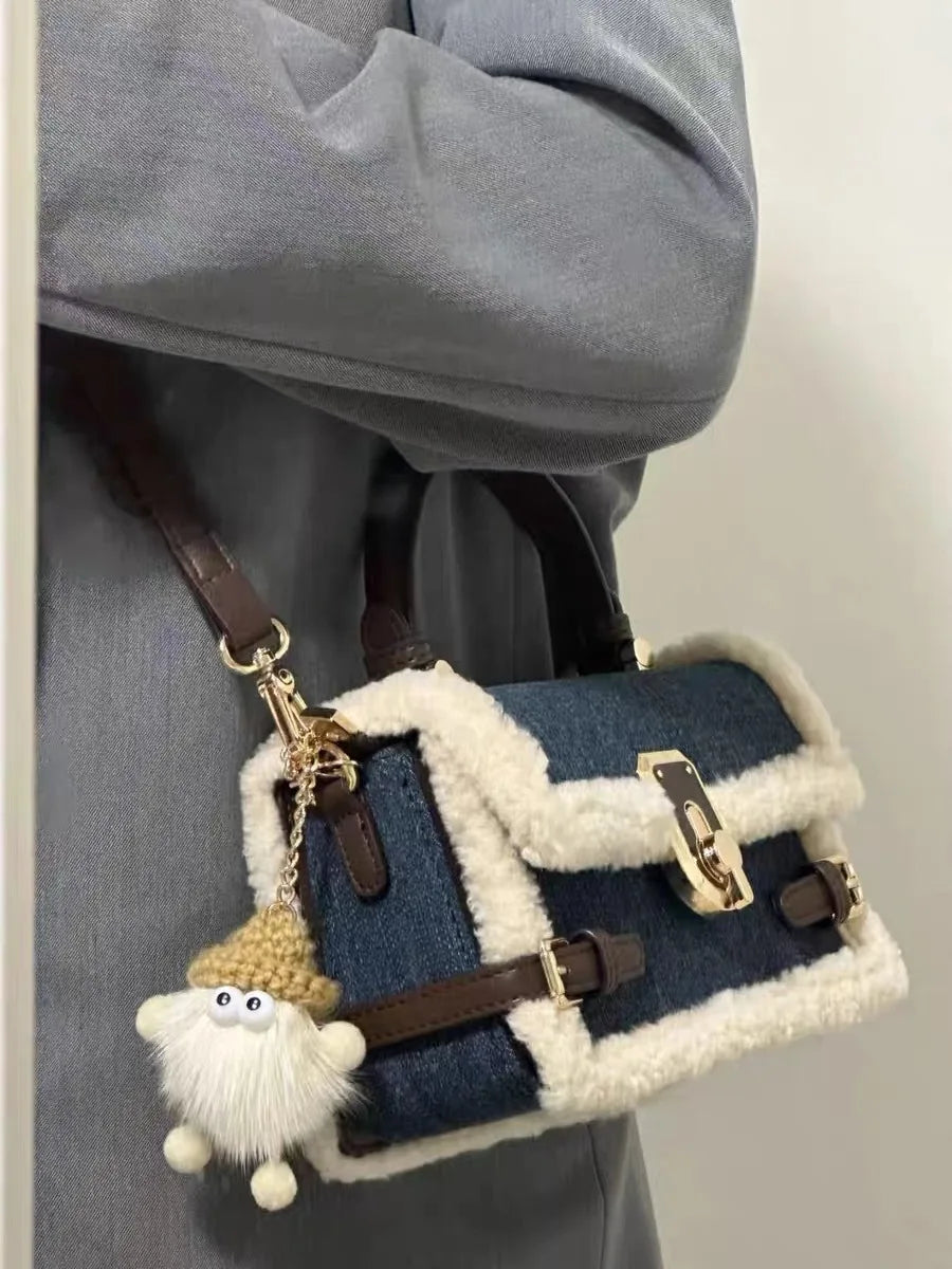 Luxury Women Brand Cashmere and Denim Patchwork Crossbody Bag Retro Flap Messenger Bag Blue with pendant