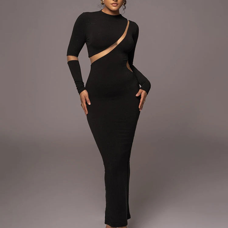 Turtleneck Long Sleeve Bodycon Maxi Dress For Women Autumn Patchwork Hollow Out Club Party Sexy Long Dress Vestidos