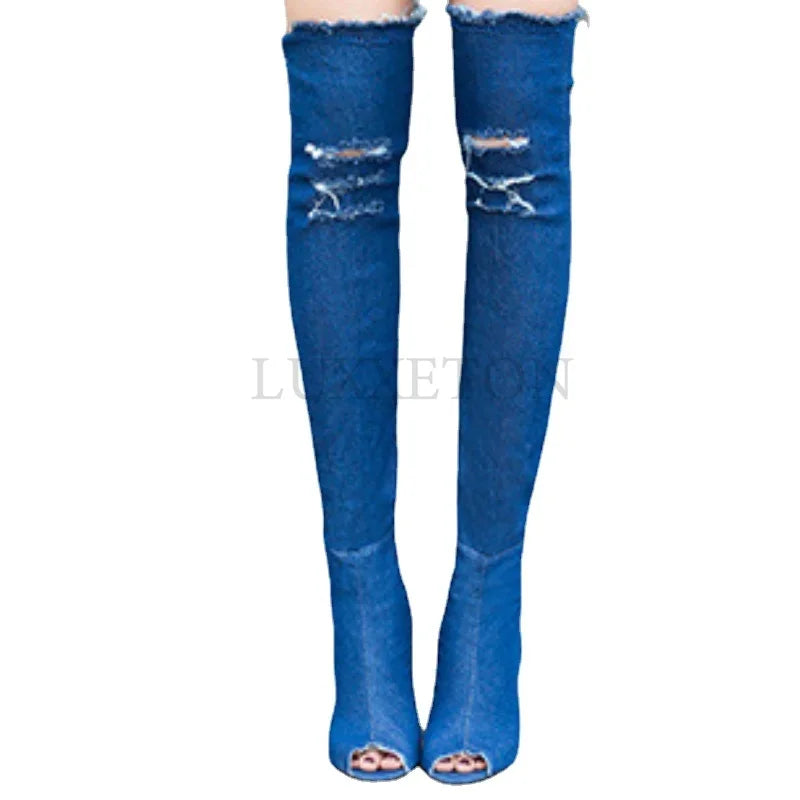 Fashion Women High Heels Spring Autumn Peep Toe Over The Knee Boots Tight High Stiletto Jeans Boots Cowboy Women Boots