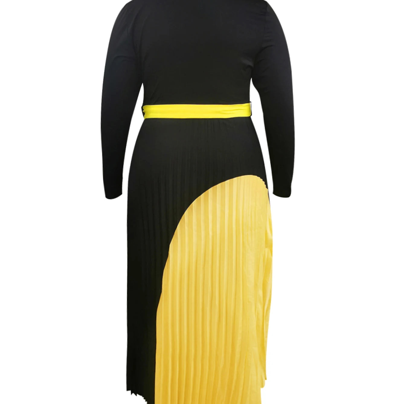 Elegant Fall Maxi Dresses Bandage Design Tiered Pleated A Line Dress Belted Long Sleeve V Neck Flowy Patchwork Vestidos