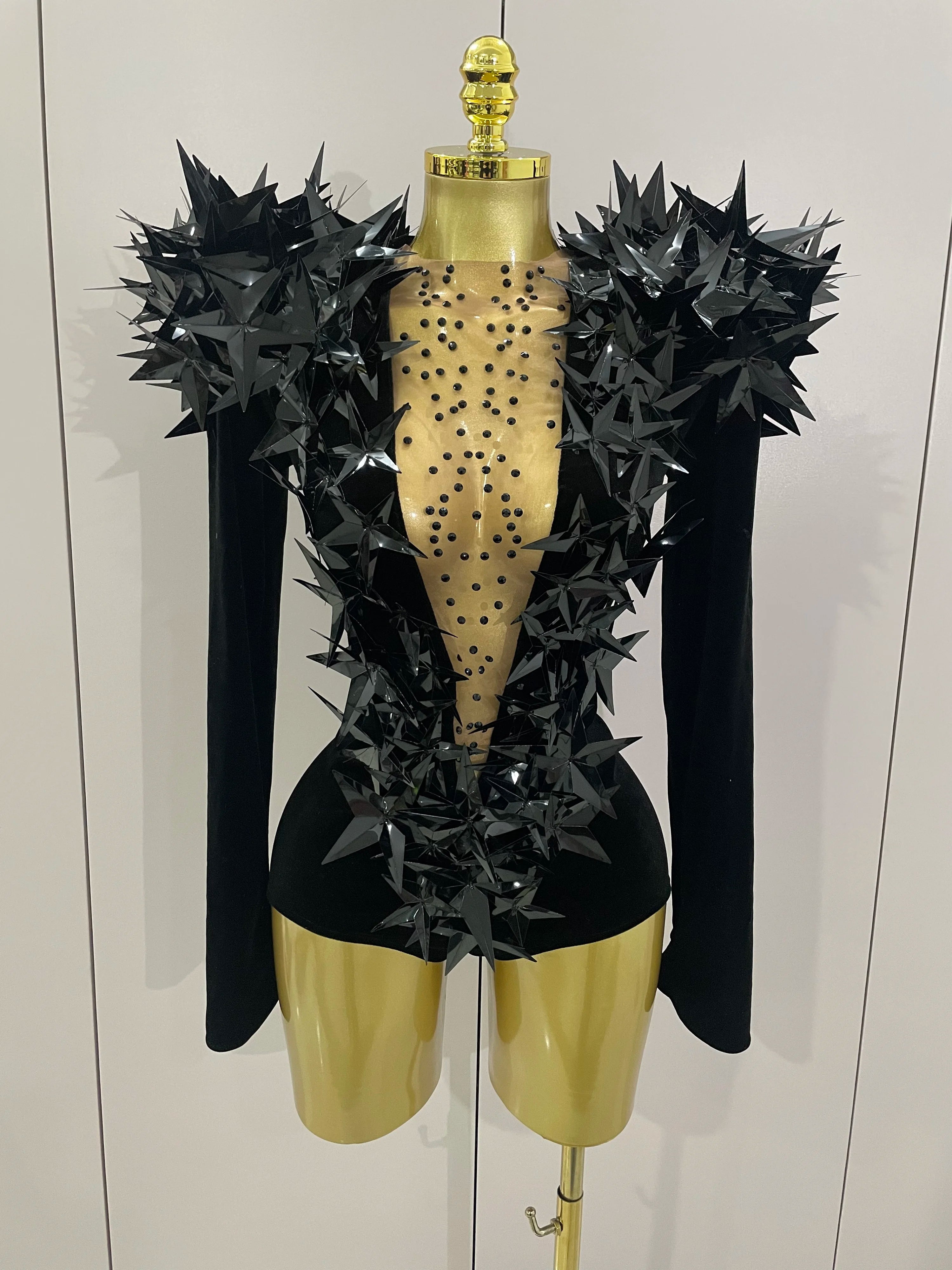 Shiny Gold Rhinestone Black Velvet Long Sleeve Bodysuit 2025 Women Evening Party Club Gala Hosts NightClub Bar Stage Costumes