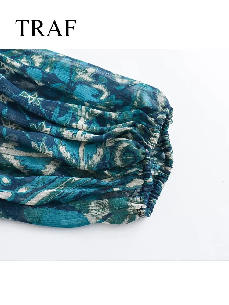 TRAF New Women Long Skirt Set Casual Long Sleeve Print Shirts + High Waist Slim Ankle-Length Skirts Set