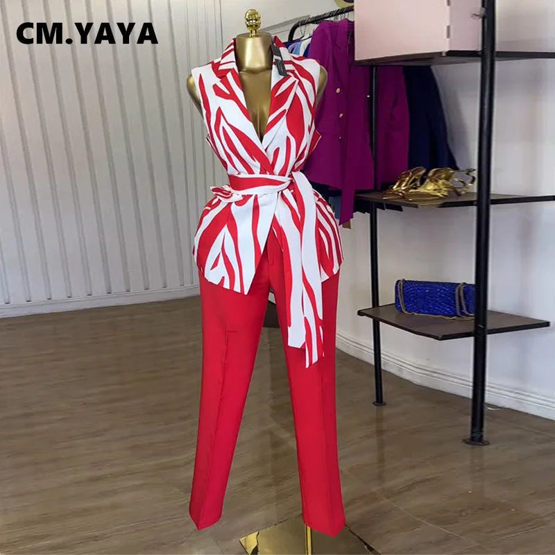 CM.YAYA Fashion Women's Set Sleeveless Notched Collar Blazer Tops and Pants Sets 2025 Summer OL Street Two 2 Piece Sets Outfits