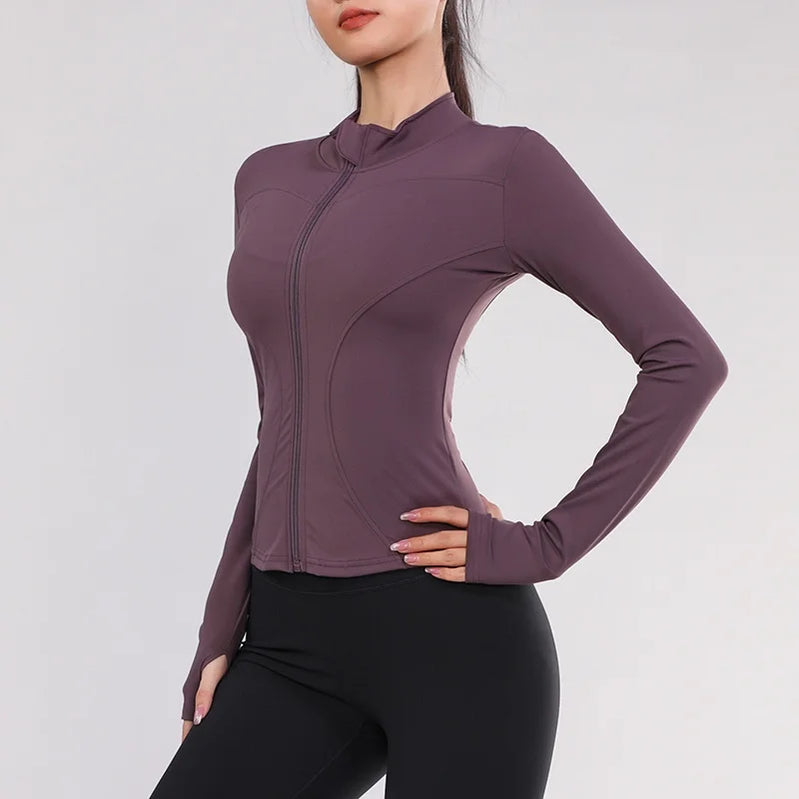 Women Gym Wear Solid Color Quick Drying Yoga Wear High Elasticity Fitness Jacket Ventilated Long Sports Shirt Women's Tracksuit purple gym jacket CHINA