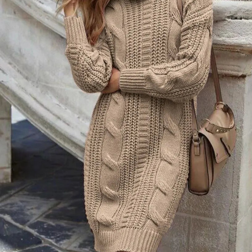 Winter Turtleneck Knitted Dress Women Casual Solid Long Sleeve Pullovers Robe Elegant Sweater Dresses Female Warm Loose Dress