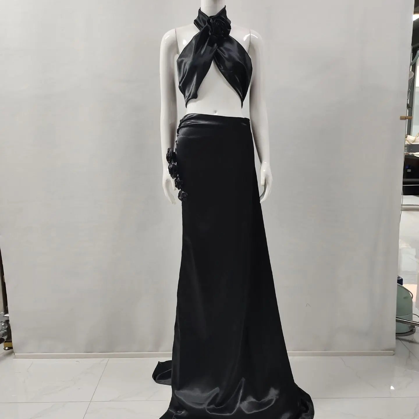 Red Black Christmas Style Women Sexy Florals 2 Pieces High Split Floor-length Dress Nightclub Party Cocktail Celebrate Wear