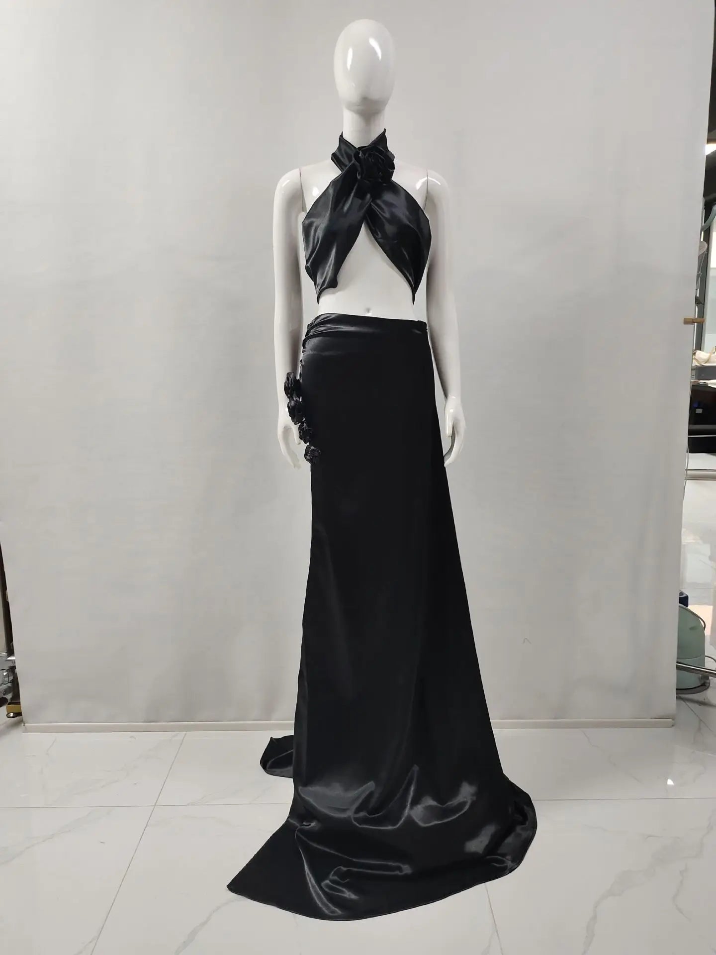 Red Black Christmas Style Women Sexy Florals 2 Pieces High Split Floor-length Dress Nightclub Party Cocktail Celebrate Wear