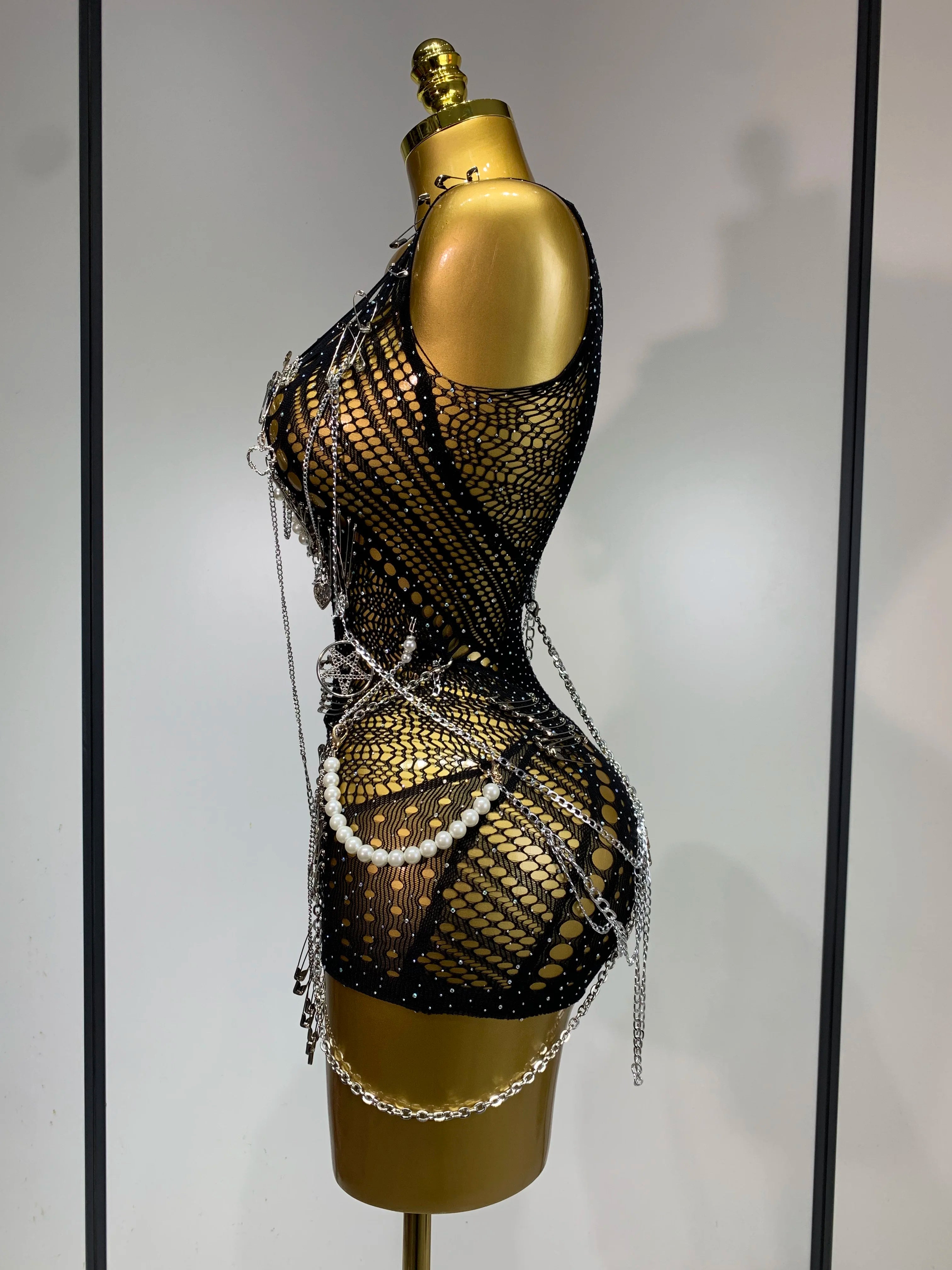 Macacão feminino elástico sexy com recortes de cristal brilhantes para boate DJ, roupa para cantoras e dançarinas