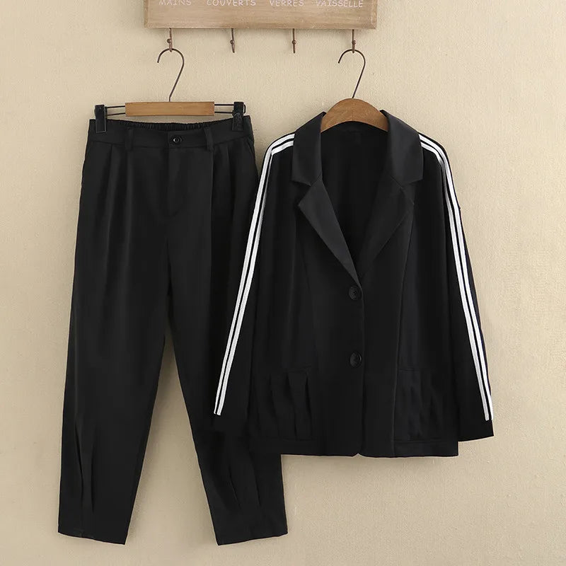 Plus Size Women's Suit Suit Collar Lapel Casual Jacket Elastic Waist Side White Strip Stitched Casual Suit Trousers Combination