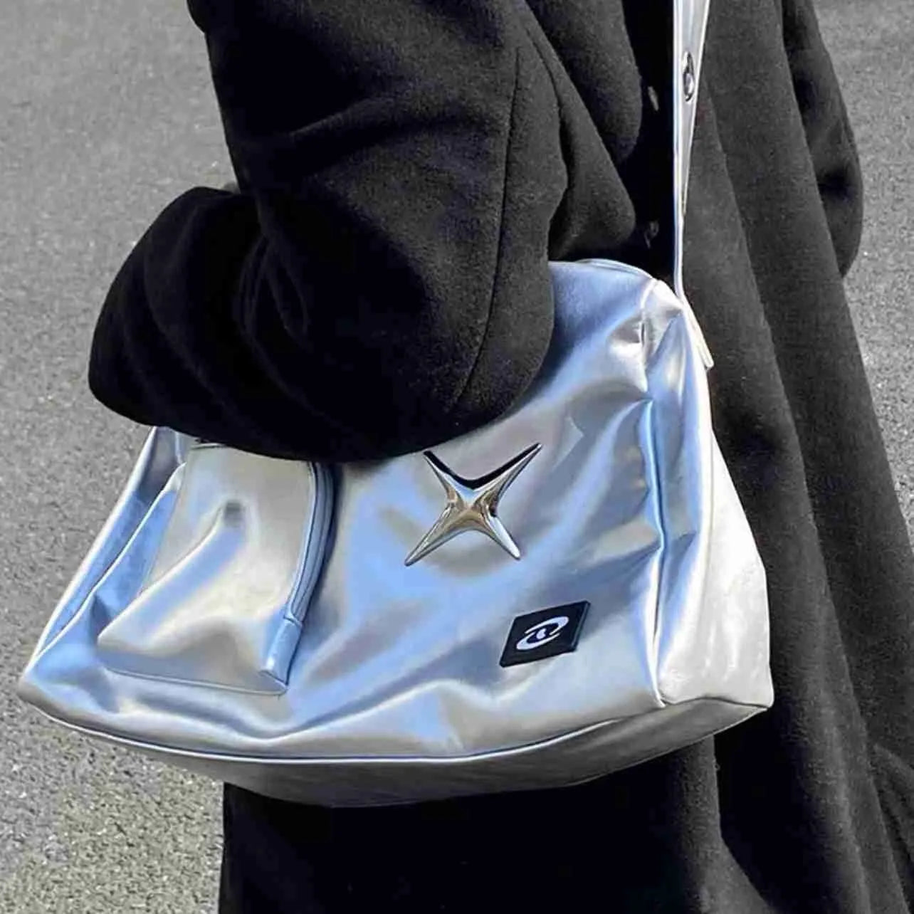 Y2k Girl Tote Bag Korean Vintage Shoulder Bag Aesthetic Women Crossbody Travel Zip Casual Handbag Fashion Ladies Silver Big Bags Silver 38x21x13cm