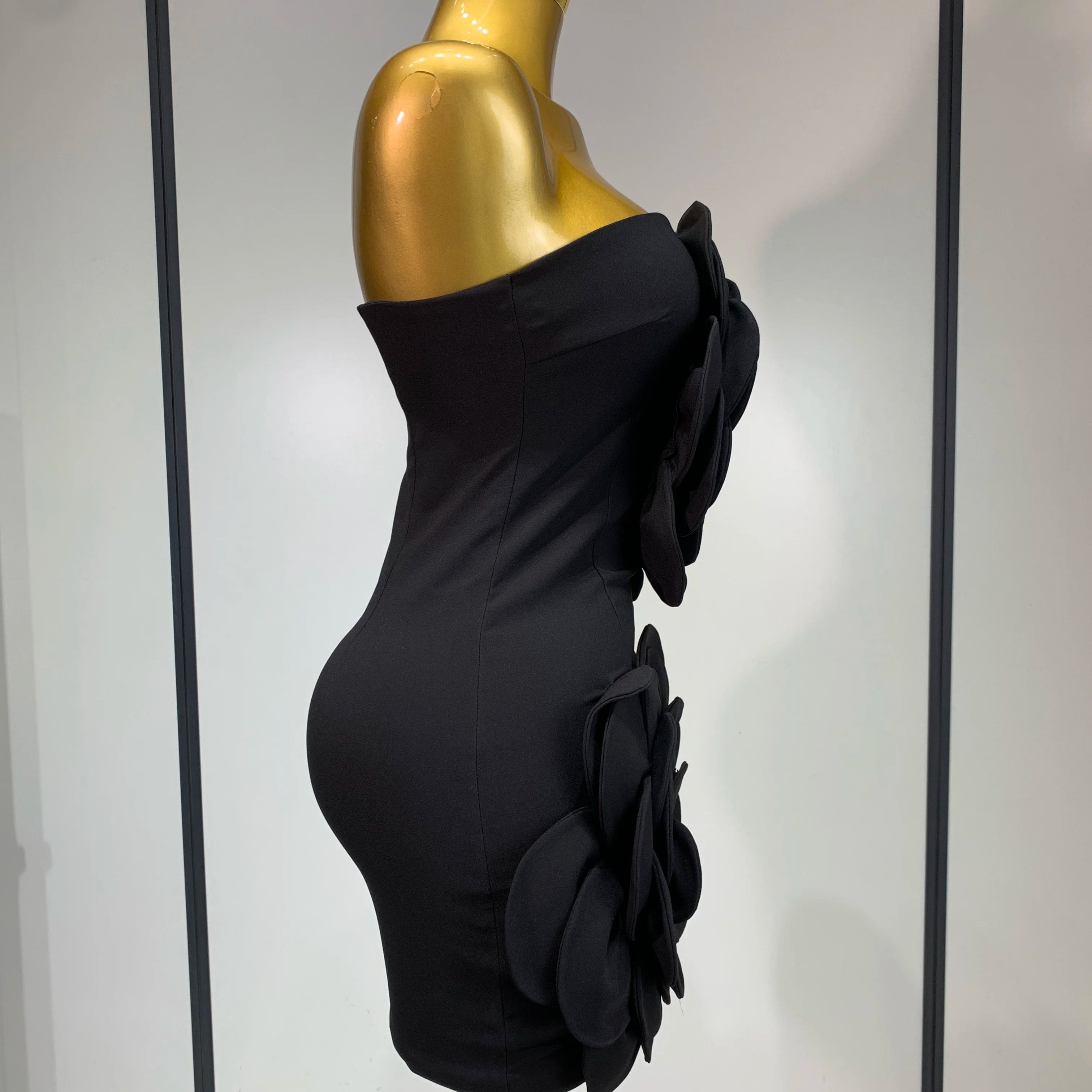 Women Sexy Strapless Backless Flower Black Mini Bodycon Dress 2025 Celebrity Elegant Evening Club Party Outfit Birthday Dresses