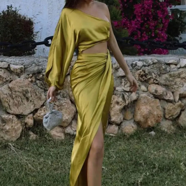 Dress For Women Yellow Asymmetric Satin Cut Out Long Dress Women Ruched Off Shoulder Elegant Dresses Evening Party Dresse