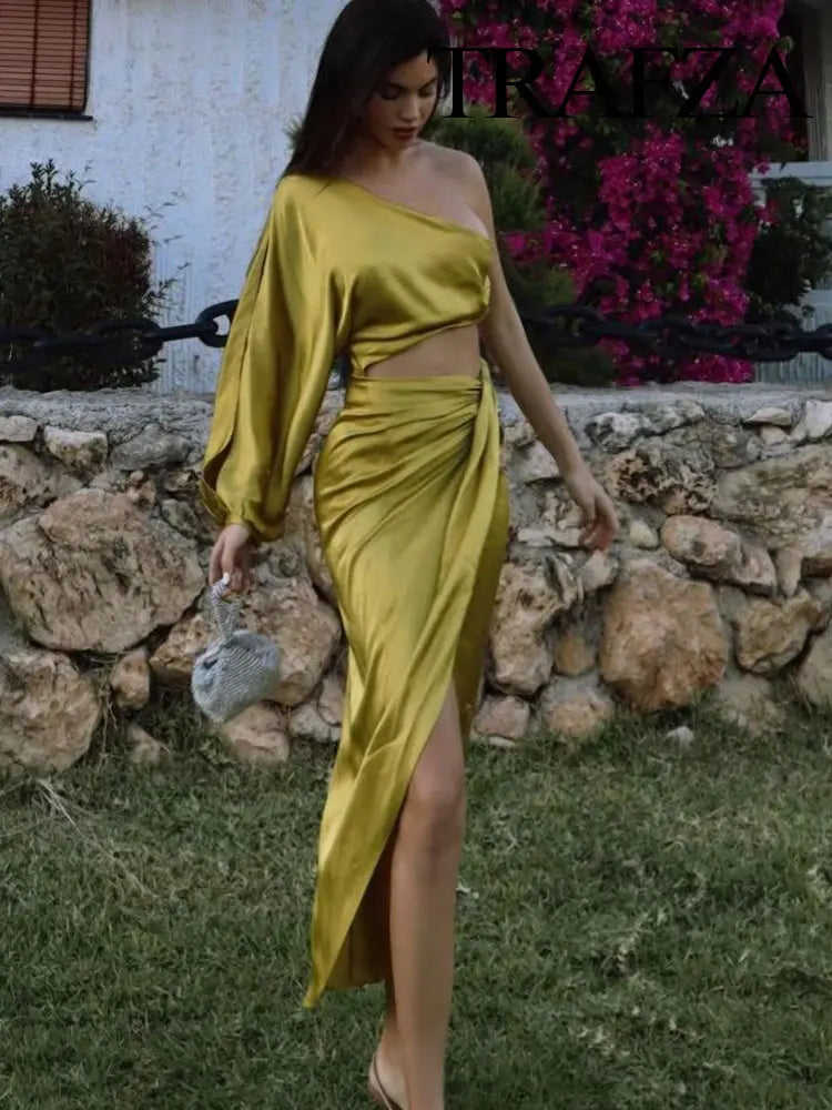 Dress For Women Yellow Asymmetric Satin Cut Out Long Dress Women Ruched Off Shoulder Elegant Dresses Evening Party Dresse