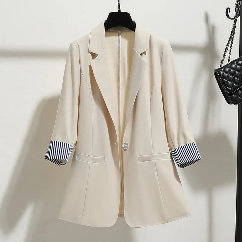 Women Solid Blazers Coat Fashion Slim Suits Female Casual Three-Quarter Sleeve Chic Tops Thin Office Lady Blazer Spring Summer Apricot