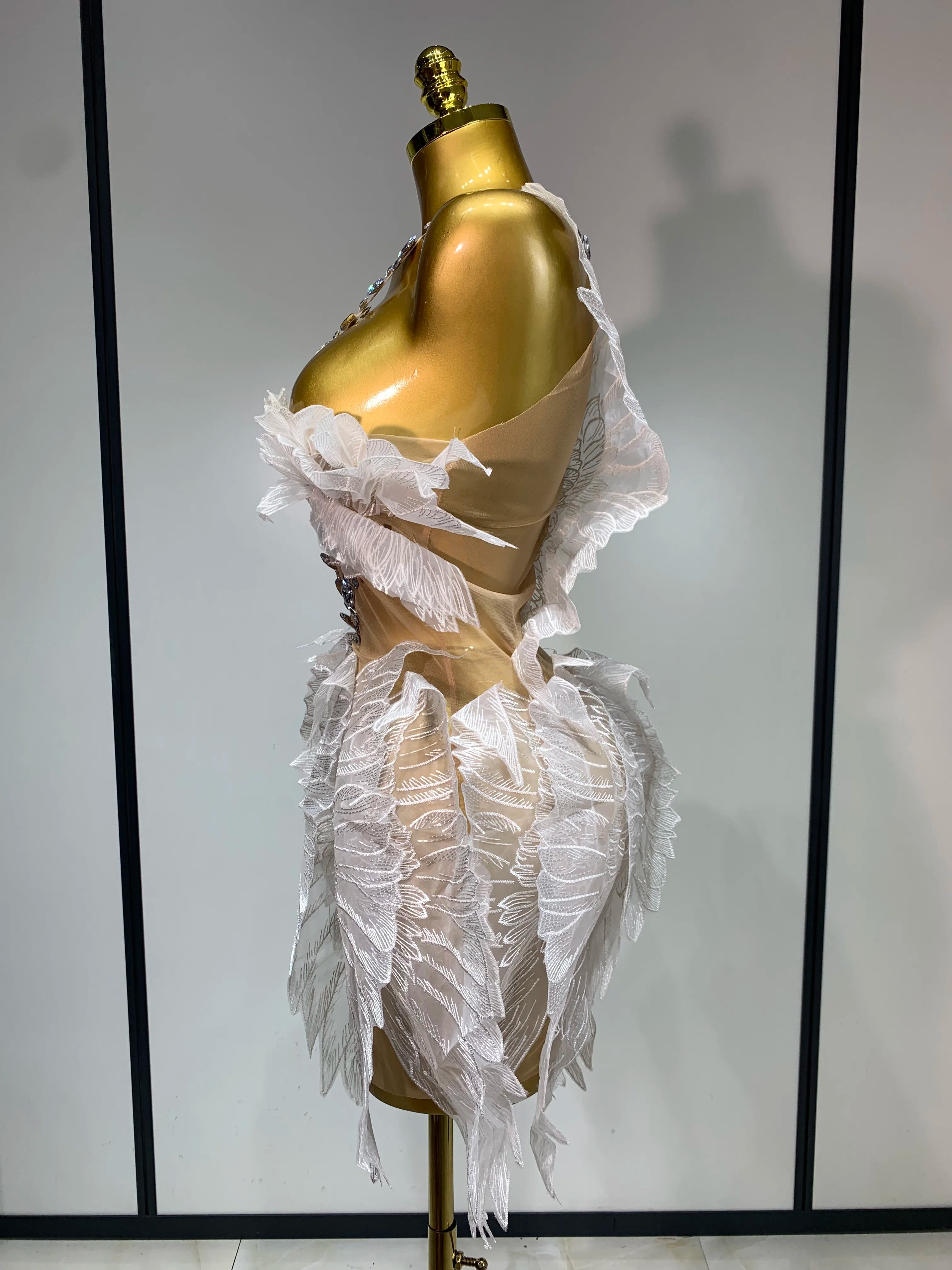 Luxury Birthday Dress Women Sexy White Crystal Transparent Wings Mini Dress Nightclub Evening Party Singer Stage Perform Costume