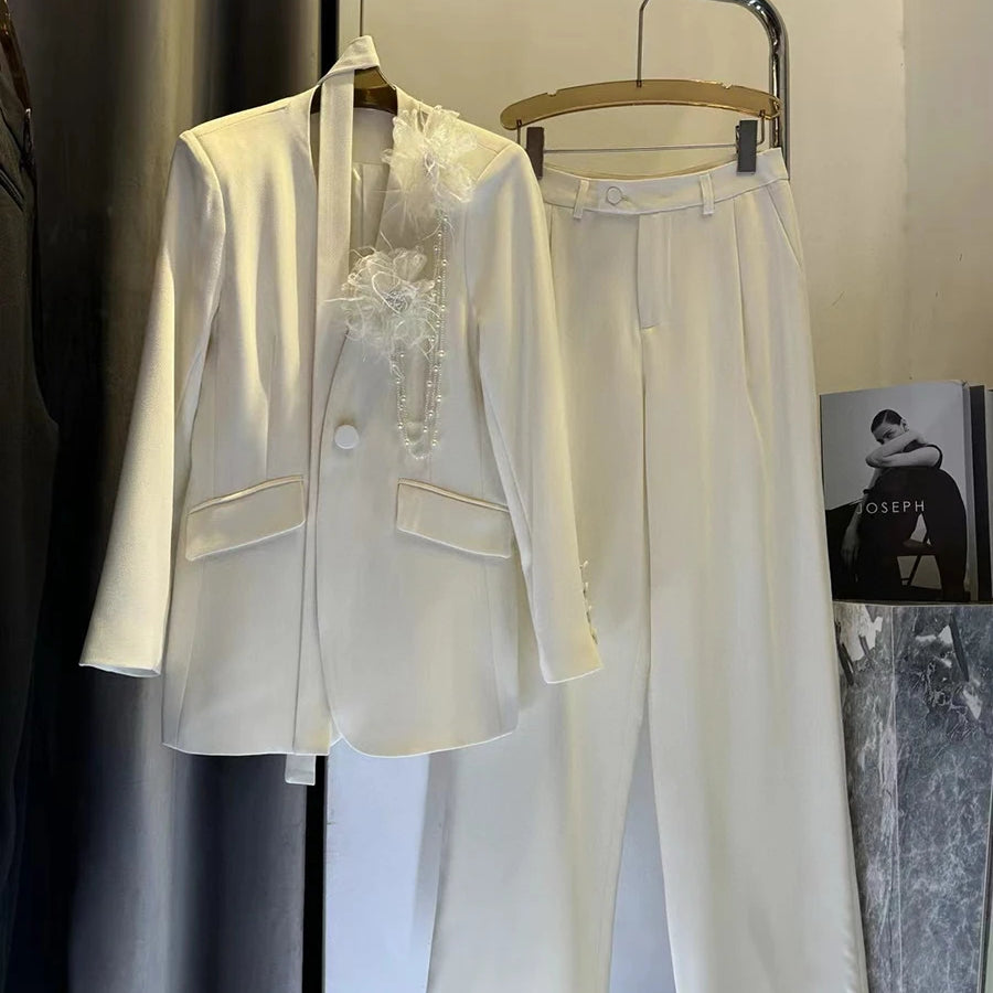 TWOTWINSTYLE Solid Elegant Two Piece Sets for Women V Neck Long Sleeves Patchwork 3D Flower Top High Waist Pant Set Female New