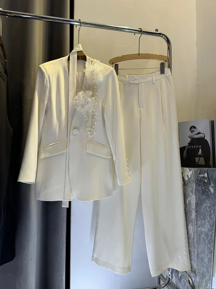 TWOTWINSTYLE Solid Elegant Two Piece Sets for Women V Neck Long Sleeves Patchwork 3D Flower Top High Waist Pant Set Female New