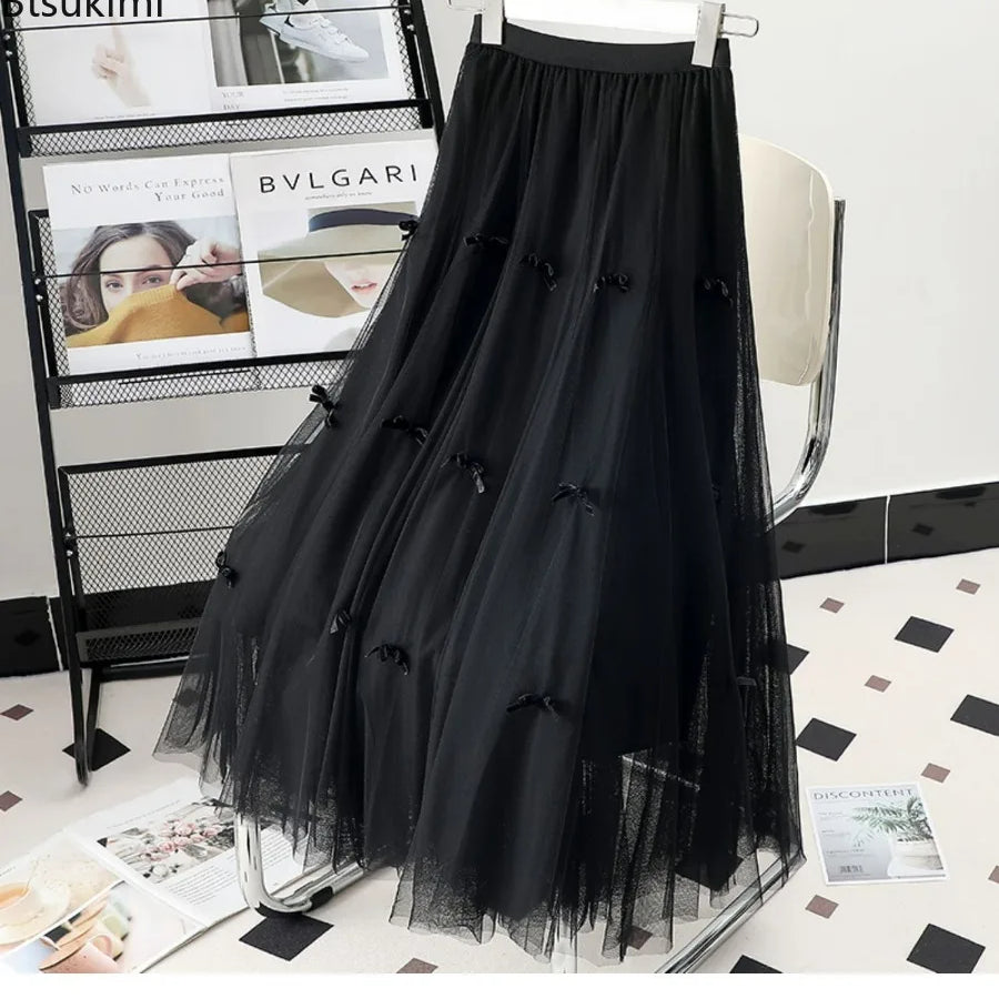 Women's Korean Fashion Harajuku Long Gauze Skirt Spring Summer High Waist Midi Maxi Tulle Skirt Aesthetic Vintage Y2k Skirt