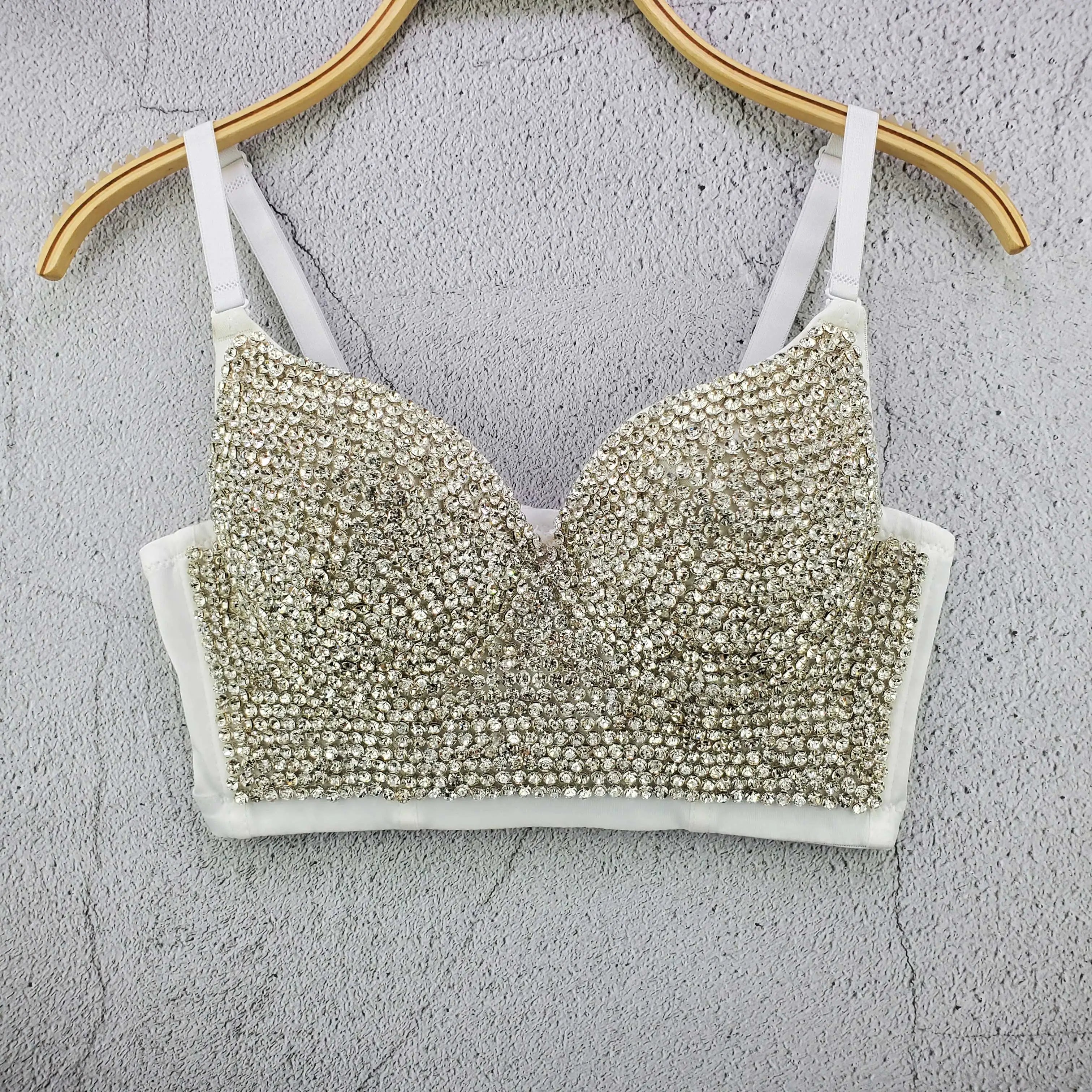 Rhinestone Bead Bustier Corset Pearls Diamond Push Up Night Club Bralette Women's New Fashion Bra Cropped Tops Plus Size