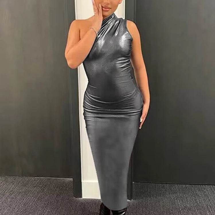 Faux Leather Sleeveless One Shoulder Long Dress For Women Bodycon Sexy Streetwear Party Club Outfits Summer Clothes