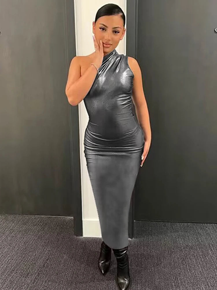 Faux Leather Sleeveless One Shoulder Long Dress For Women Bodycon Sexy Streetwear Party Club Outfits Summer Clothes
