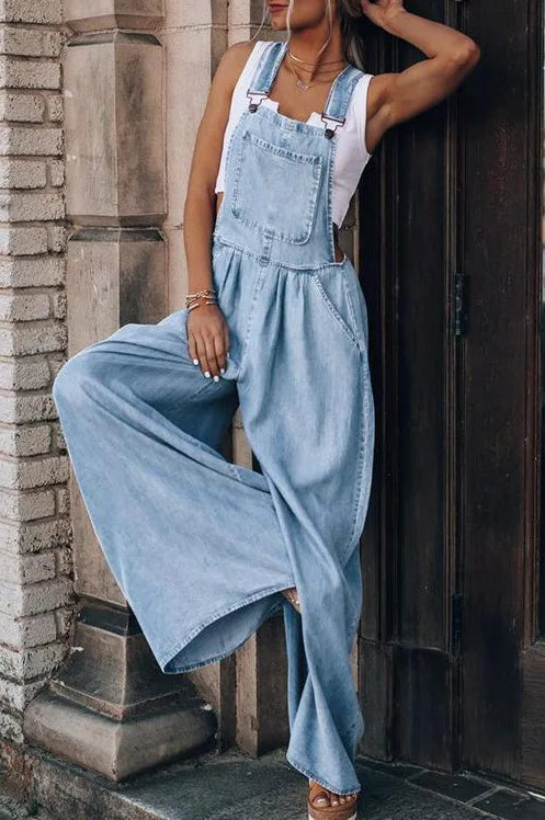 Fashion Denim Overall Women Jumpsuit with Pocket Ladies Spring Fashion Loose Jeans Rompers Female Casual Playsuit Blue