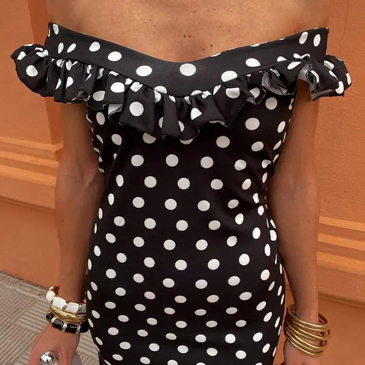Elegant Polka Dot Print Ruffles Maxi Dress Women Fashion Strapless Slash Neck Backless Vestidos Lady Party Club Sexy Robes