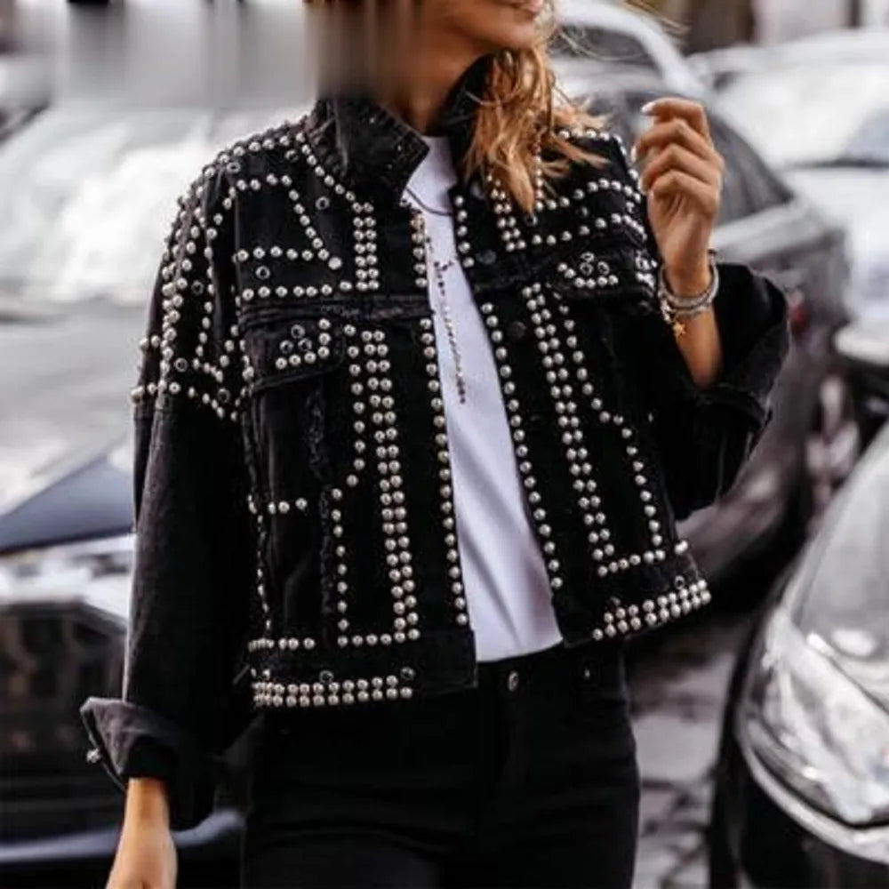 Women Outwear Studded Denim Jacket Spring Autumn Lapel Loose Single Breasted Buckle Casual Short Jeans Coats