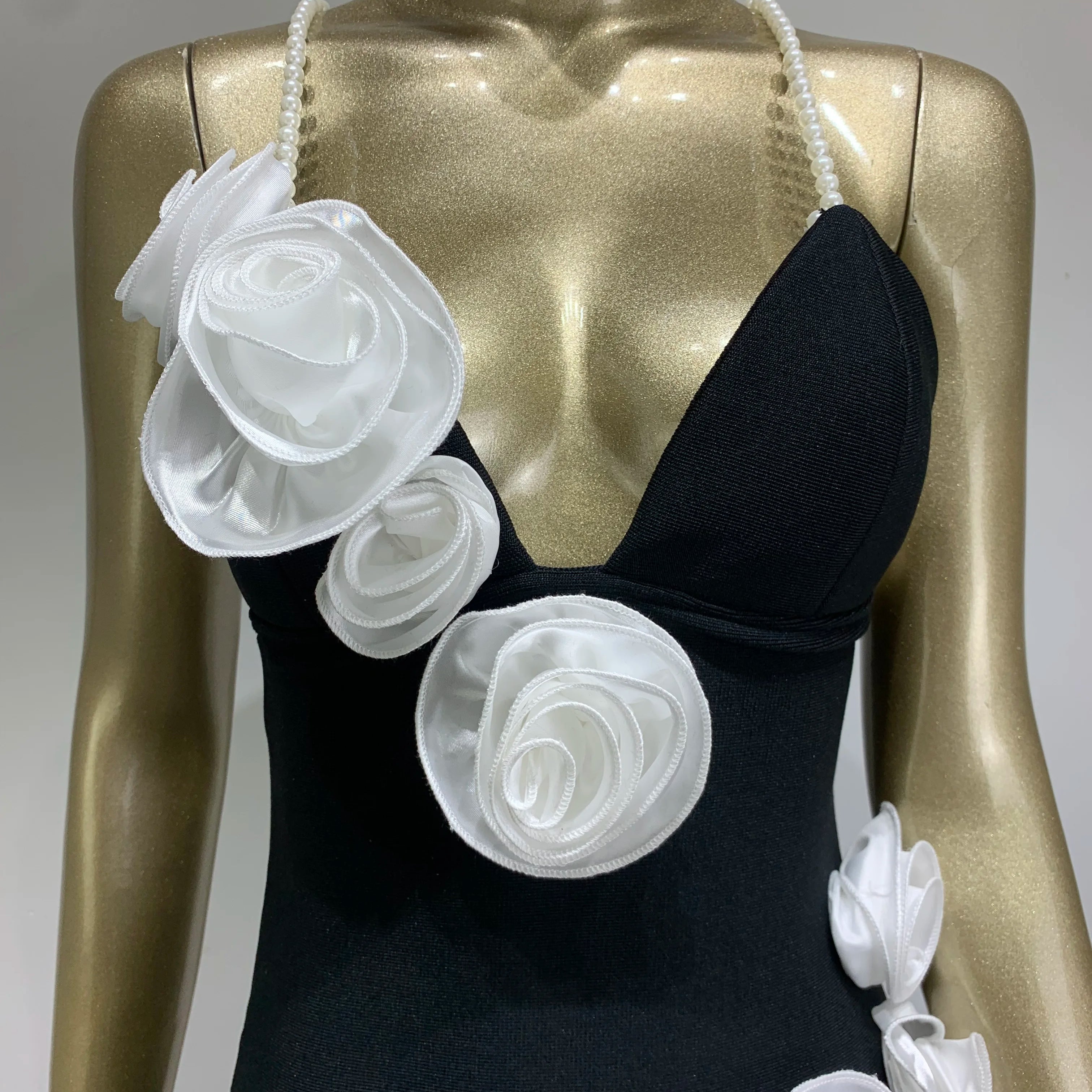 Women Celebrity Sexy Backless Pearl Black Flower Patchwork Maxi Long Bodycon Bandage Dress 2024 Elegant Evening Club Party Dress