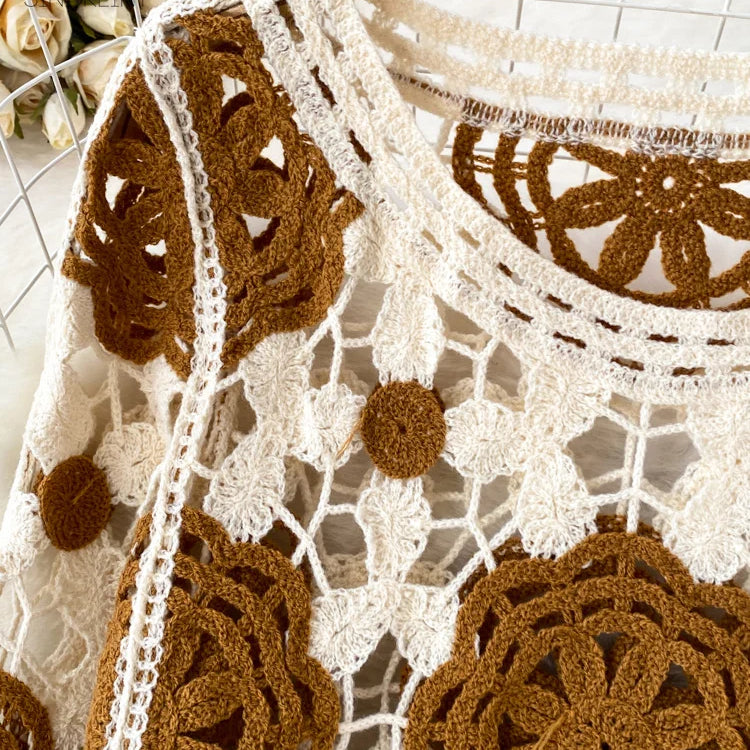 SINGREINY Sunscreen Hook Summer Knit Top Women Elegant O Neck Hollow Out Lantern Sleeve Ladies Vacation Tassel Beach Blouse