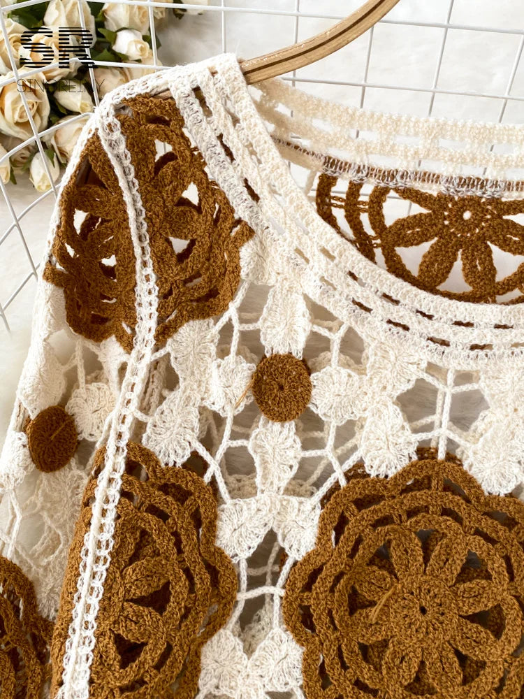 SINGREINY Sunscreen Hook Summer Knit Top Women Elegant O Neck Hollow Out Lantern Sleeve Ladies Vacation Tassel Beach Blouse