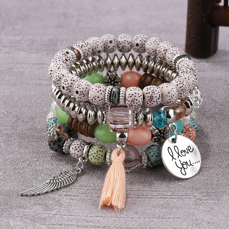 4Pcs Bohemian Women Pink Tassel Bracelet Set For Female I Love You Feather Round Charm Beads Chain Bangle Fashion Party Jewelry BR139-8