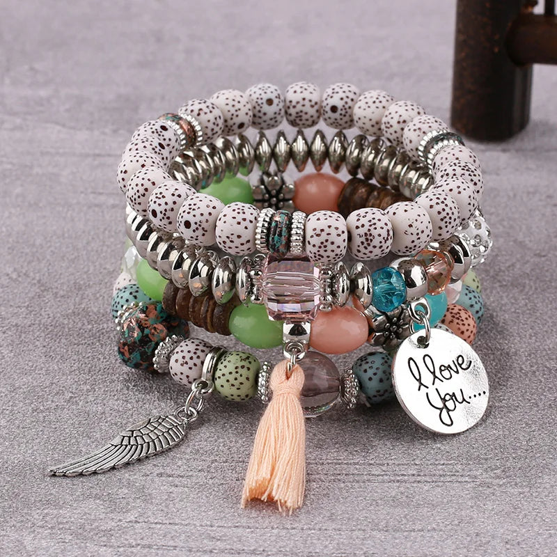 4Pcs Bohemian Women Pink Tassel Bracelet Set For Female I Love You Feather Round Charm Beads Chain Bangle Fashion Party Jewelry BR139-8
