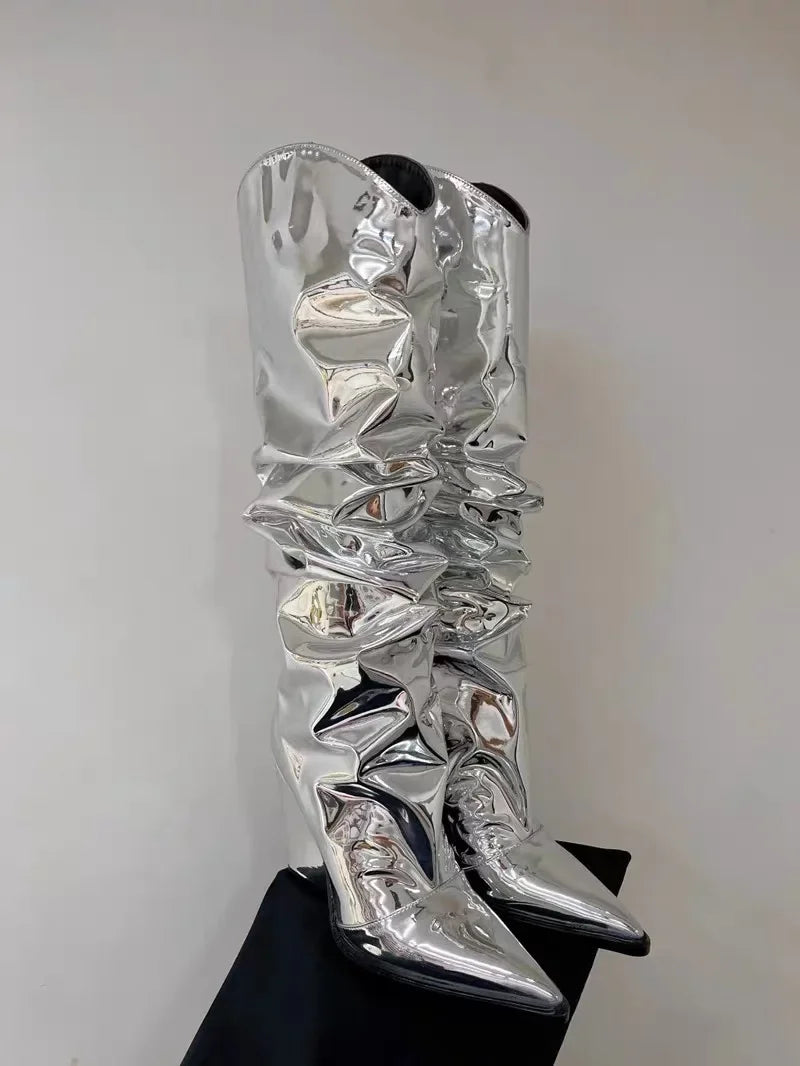 Autumn/Winter Mirror Face Thick High Heel Mid Boot Pointed Fashion High Boot Banquet Party Colorful Over Knee Long Boot