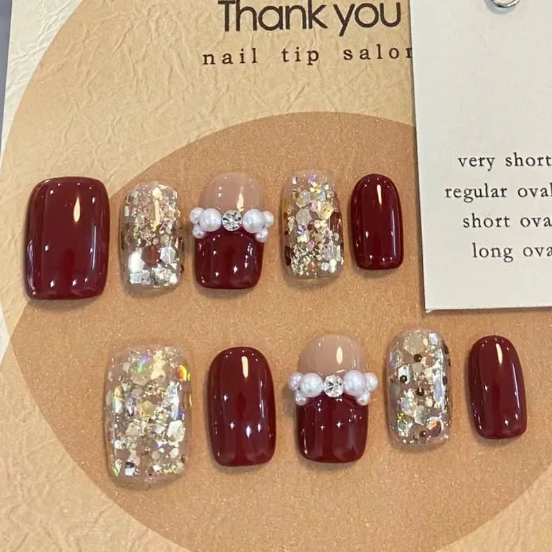 24pcs Wine Red Full Cover Nail Tips Cat's Eye Short Square False Nails with Flower Design Fake Nail Golden Lines Press on Nails