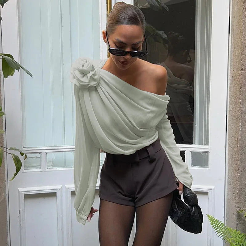 Cryptographic Skew Collar Floral Applique Mesh Chiffon Tops for Women Elegant Fashion Club Cropped Tops See Through Pullover New green