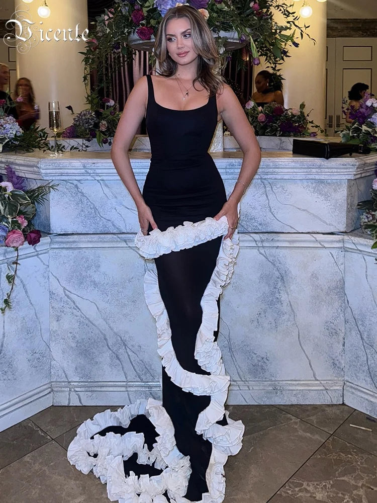 VC Artistic Black & White Strappy Dress Gown Ruffled Detailing for Creative Galas