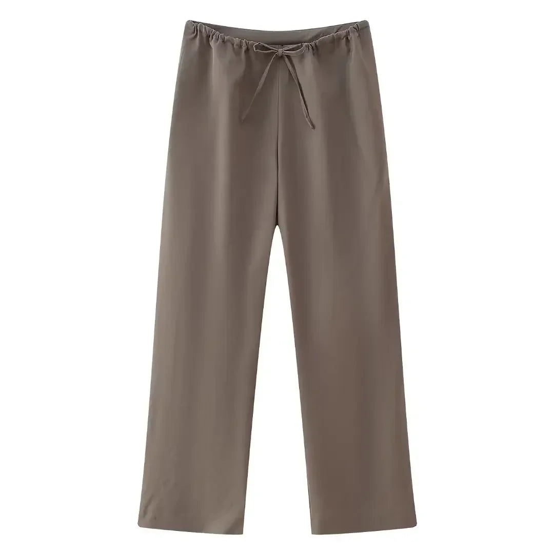 Women Fashion Two Piece Set Brown Pleated Halter Neck Tops & Straight Pants Vintage Female Chic Lady Pants Suit Pants