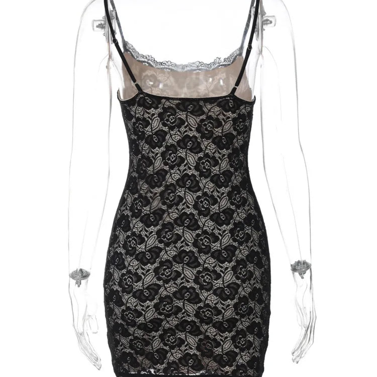 Vestido curto sexy de renda com alças finas para mulheres, robe fashion, ombro de fora, sem mangas, costas nuas, estampa floral, vestido skinny