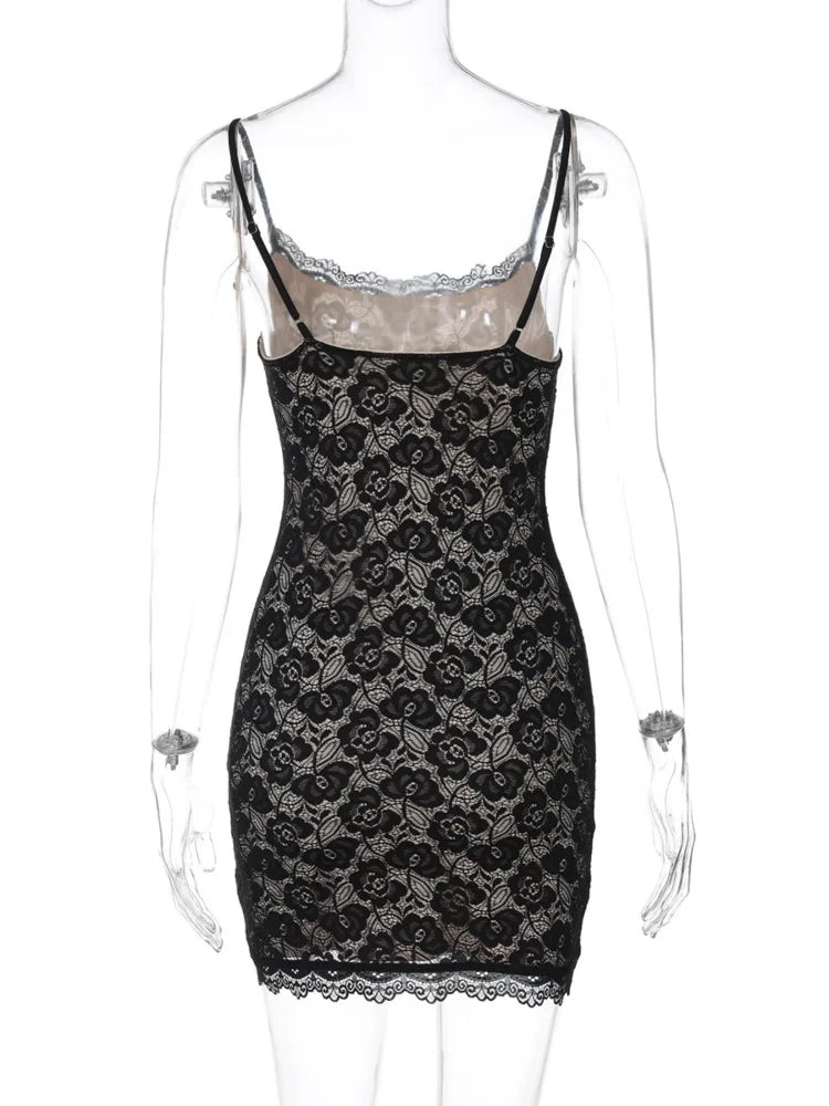 Vestido curto sexy de renda com alças finas para mulheres, robe fashion, ombro de fora, sem mangas, costas nuas, estampa floral, vestido skinny