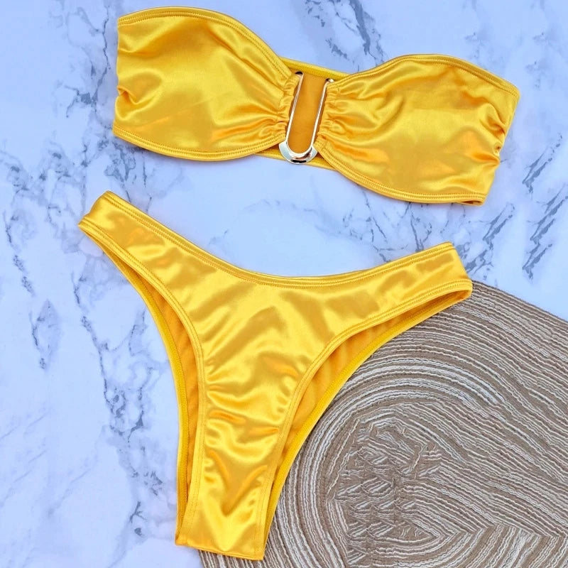 Sexy U Shaped Bandeau Bikinis Set Mujer Strapless Swimwear Women Gold Swimsuit Bathing Suit Biquinis Brazilian Bikini Swim 2024 Yellow