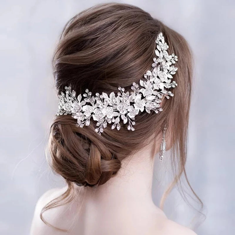 Silver Color Bridal Flower Headband Prom Tiara Wedding Hair Accessories Bride Handmade Hair ornaments Female Crystal Headdress