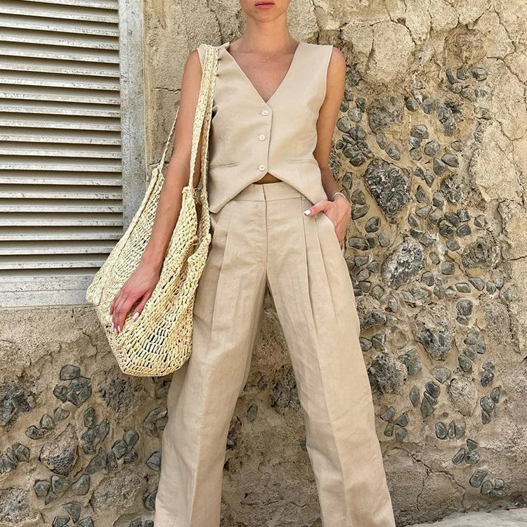 Mnealways18 Khaki Elegant Women 2 Pieces Sets Cotton Linen V-Neck Sleeveless Vest Outfit Summer Vacation Wide Leg Pant Sets 2023