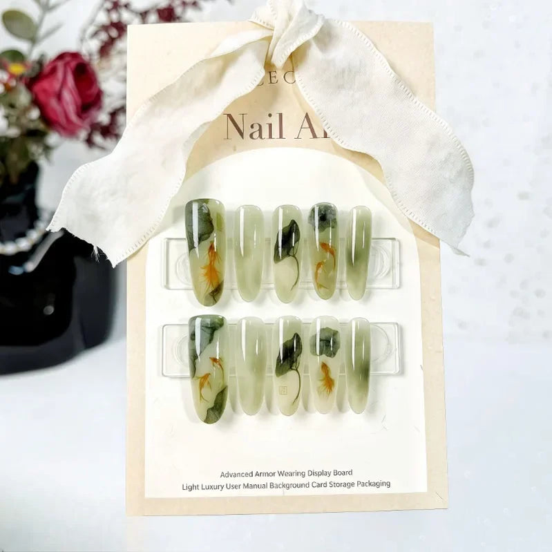 10Pcs Oriental-Themed Press-On Nails with Lotus Leaf,Koi Fish,Bamboo Patterns Crescent Moon Designs Nail Tips for Women&Girls