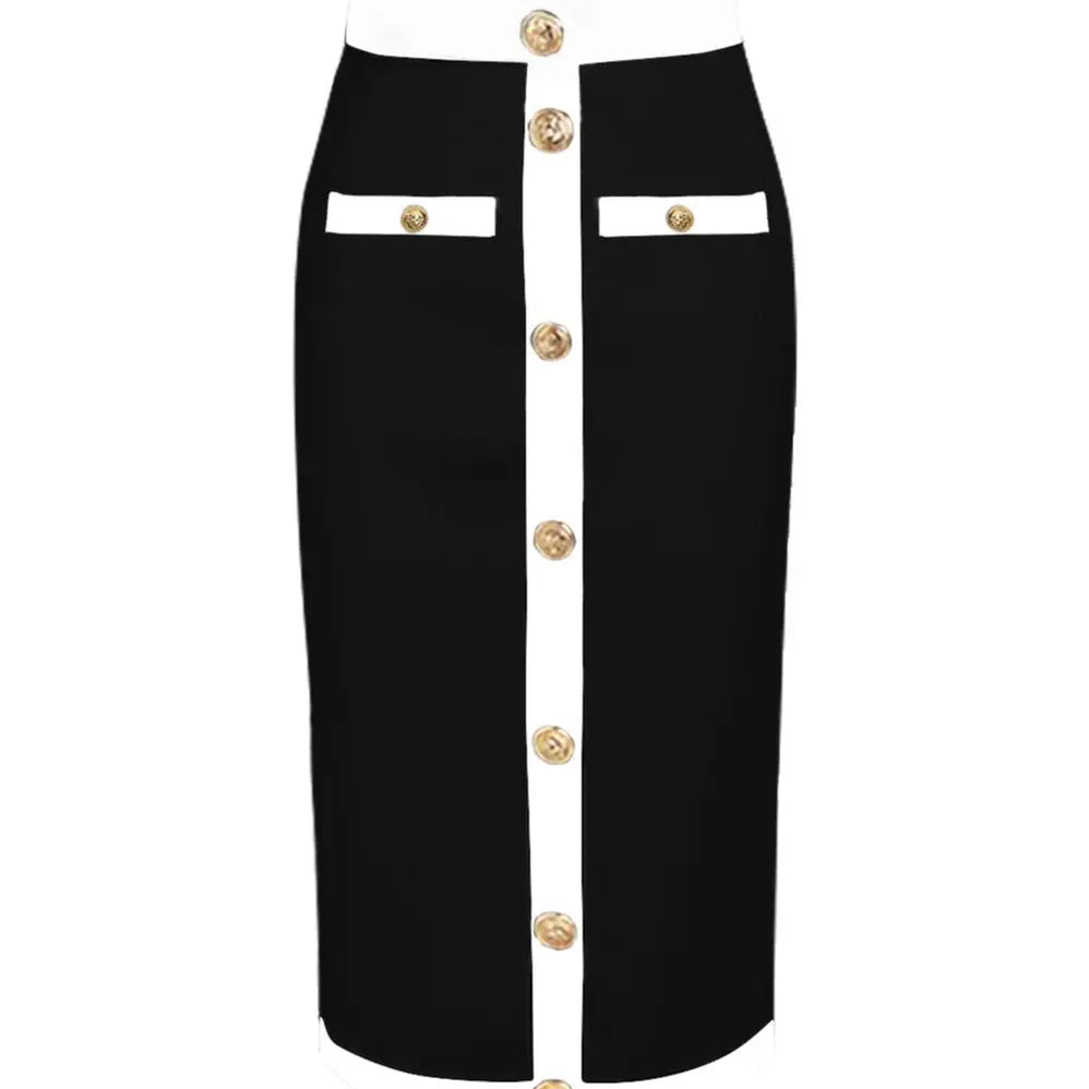 est Women Button Patchwork White Black Bodycon Bandage Skirt 2023 Designer High Waist Party Club Pencil Skirt 60cm