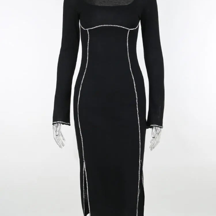 Sexy Rhinestone Black Dress Women Hipster Square Collar Full Sleeve Split Bodycon Midi Dresses Autumn Party Clubwear
