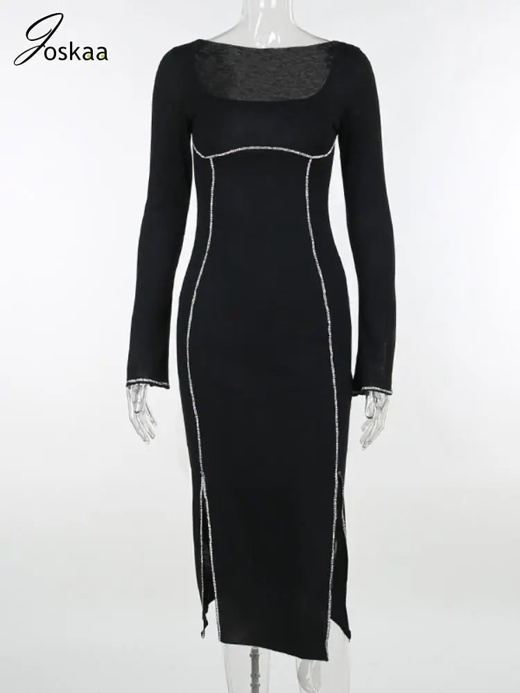 Sexy Rhinestone Black Dress Women Hipster Square Collar Full Sleeve Split Bodycon Midi Dresses Autumn Party Clubwear