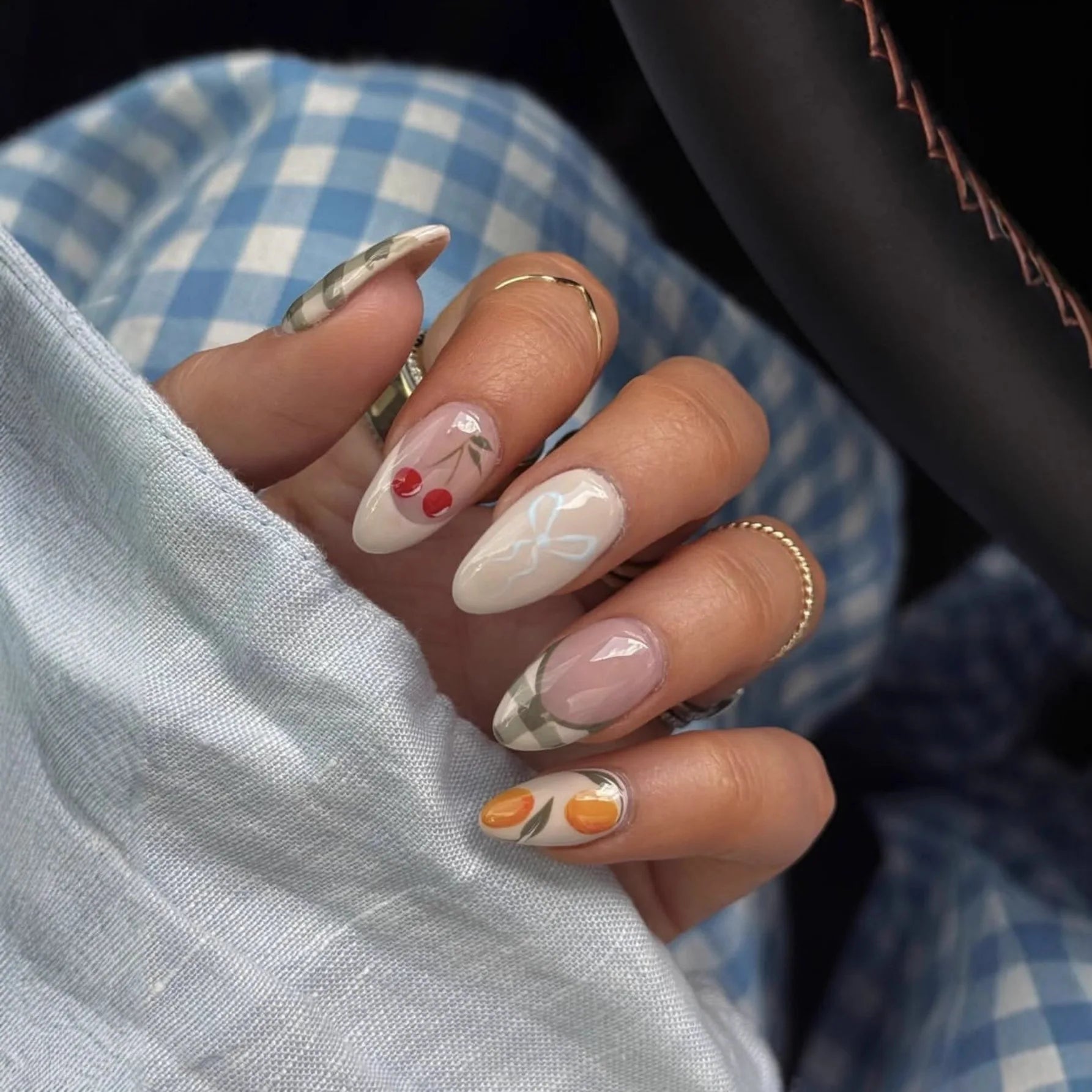 24pcs Finished Fake Nails Set Wearable Pink Long Almond False Nail Watermelon Pattern Design Press on Nails Tips Flower Manicure